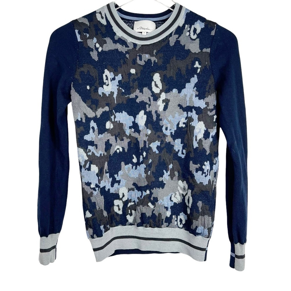 3.1 PHILLIP LIM Blue Camo Camouflage Intarsia Stripe Rib Knit Sweater Wool Small